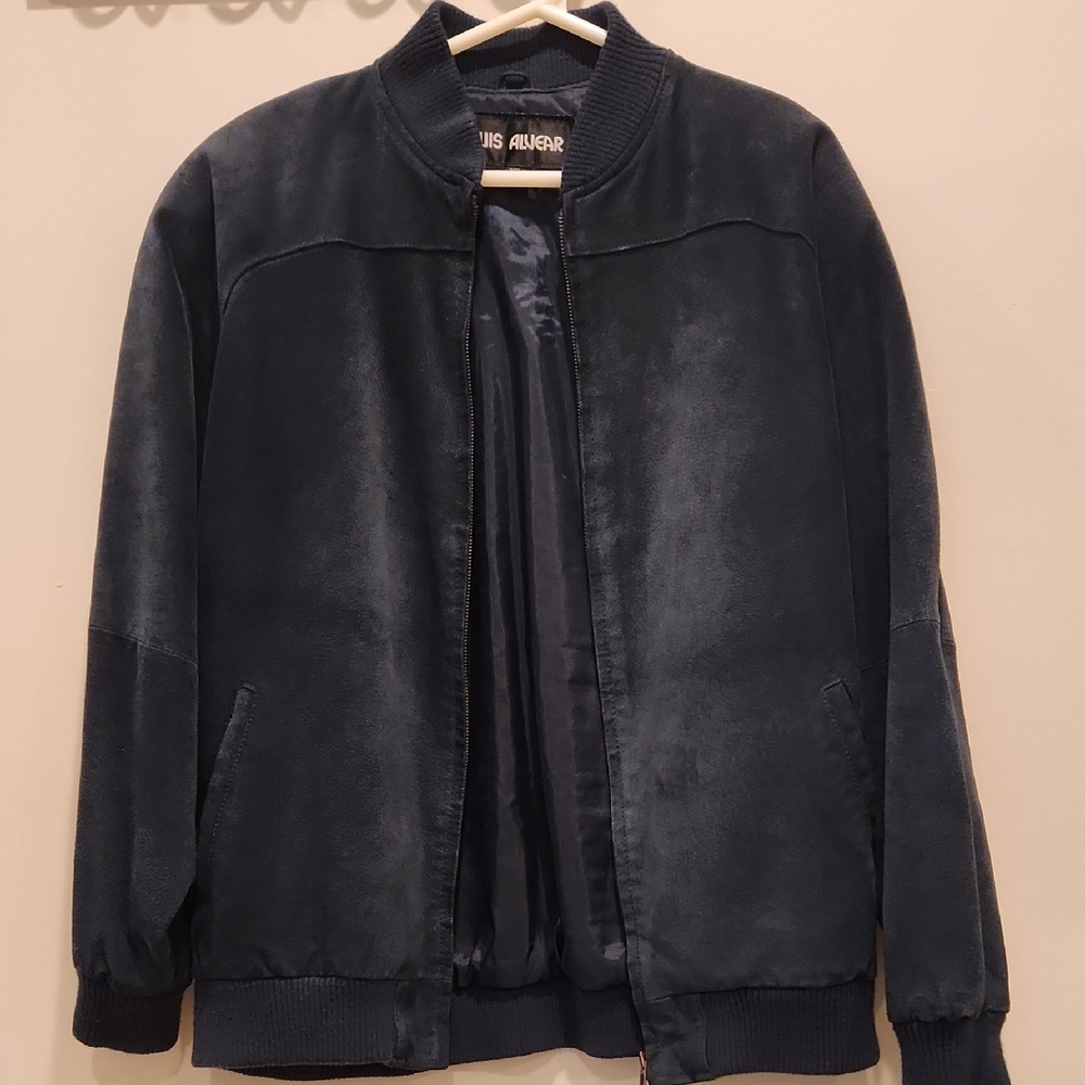 Luis Alvear Vintage Suede Leather Blue Bomber Jacket Soft Texture and Ribbed Hem